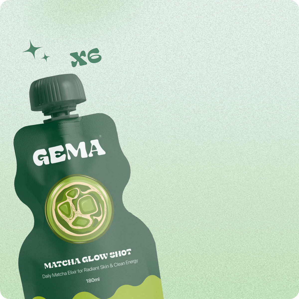 Close-up of a GEMA Matcha Glow Shot pouch