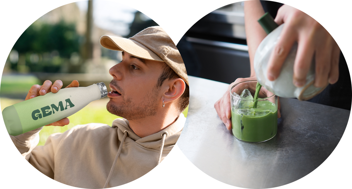 A man drinking from a GEMA bottle, next to iced matcha being poured